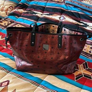 MCM Metallic Red Visetos Reversible Shopper Tote